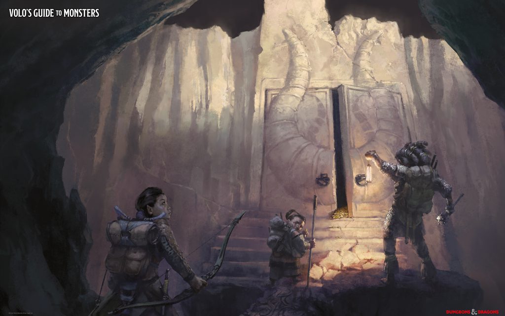 Official D&D Wallpaper Image - Three apprehensive adventurers standing at a double-door carved into a stone wall